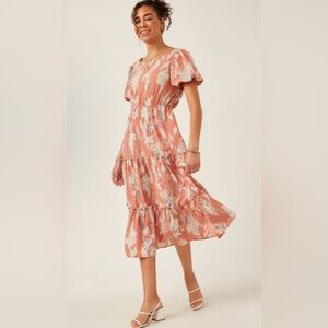 Hayden LA Abstract Print Puff Sleeve Cutout Back Tiered Midi Dress NWT